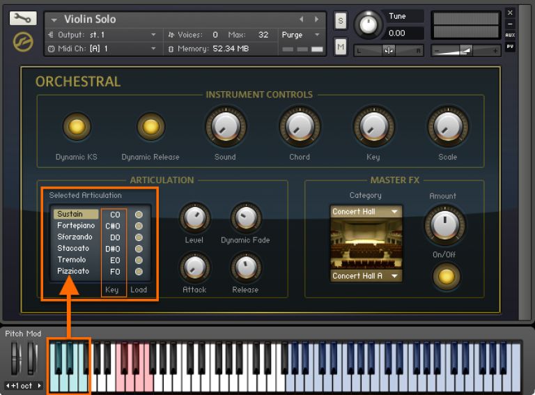 Articulation keys in a Kontakt violin instrument