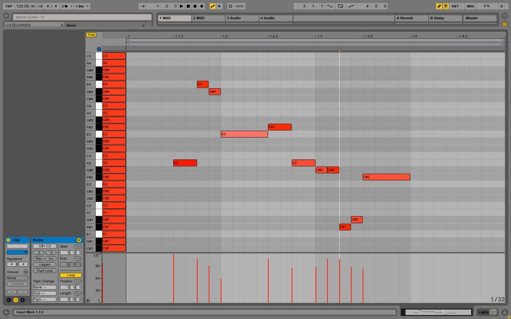 Piano-roll and velocity example from Ableton Live